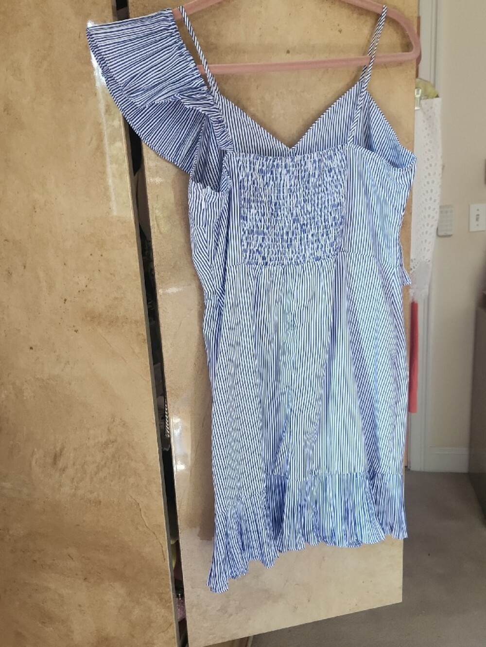 SALE-NWT- Lucy Paris Blue and White Striped One-Shoulder Ruffle Dress - Picture 7 of 7
